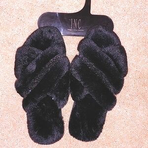 INC black fuzzy slippers, NEW